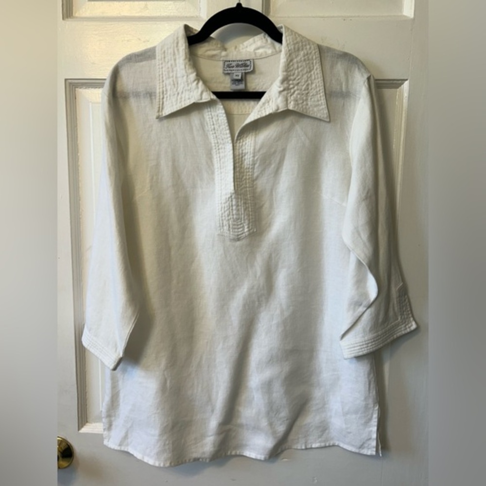100% Linen Off-White 3/4 Sleeve Tunic Shirt V-neck Sz XS